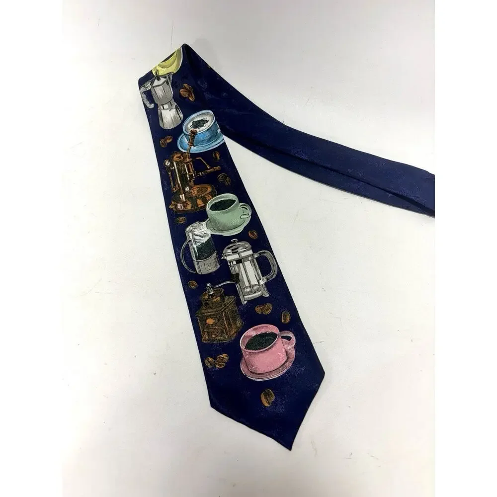 M Kaye Coffee Theme Tie Espresso Cups French Press Novelty Silk Necktie